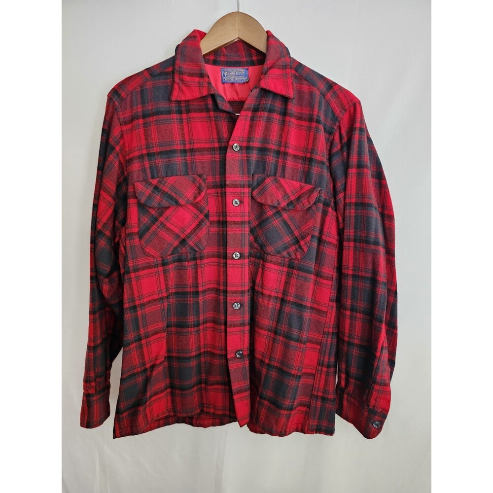 Vintage Pendleton Wool Plaid Shirt Red Black Long Sleeve Button Front Size M